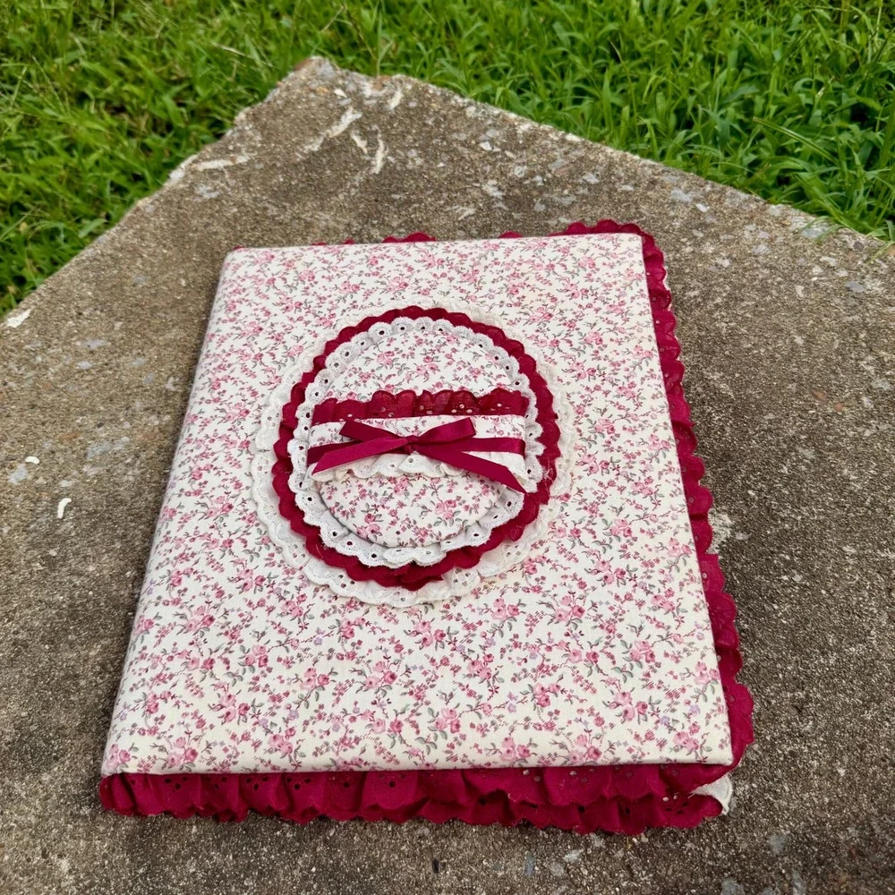 Vintage Floral Fabric Photo Album Scrapbook Burgundy Eyelet Lace Cottagecore